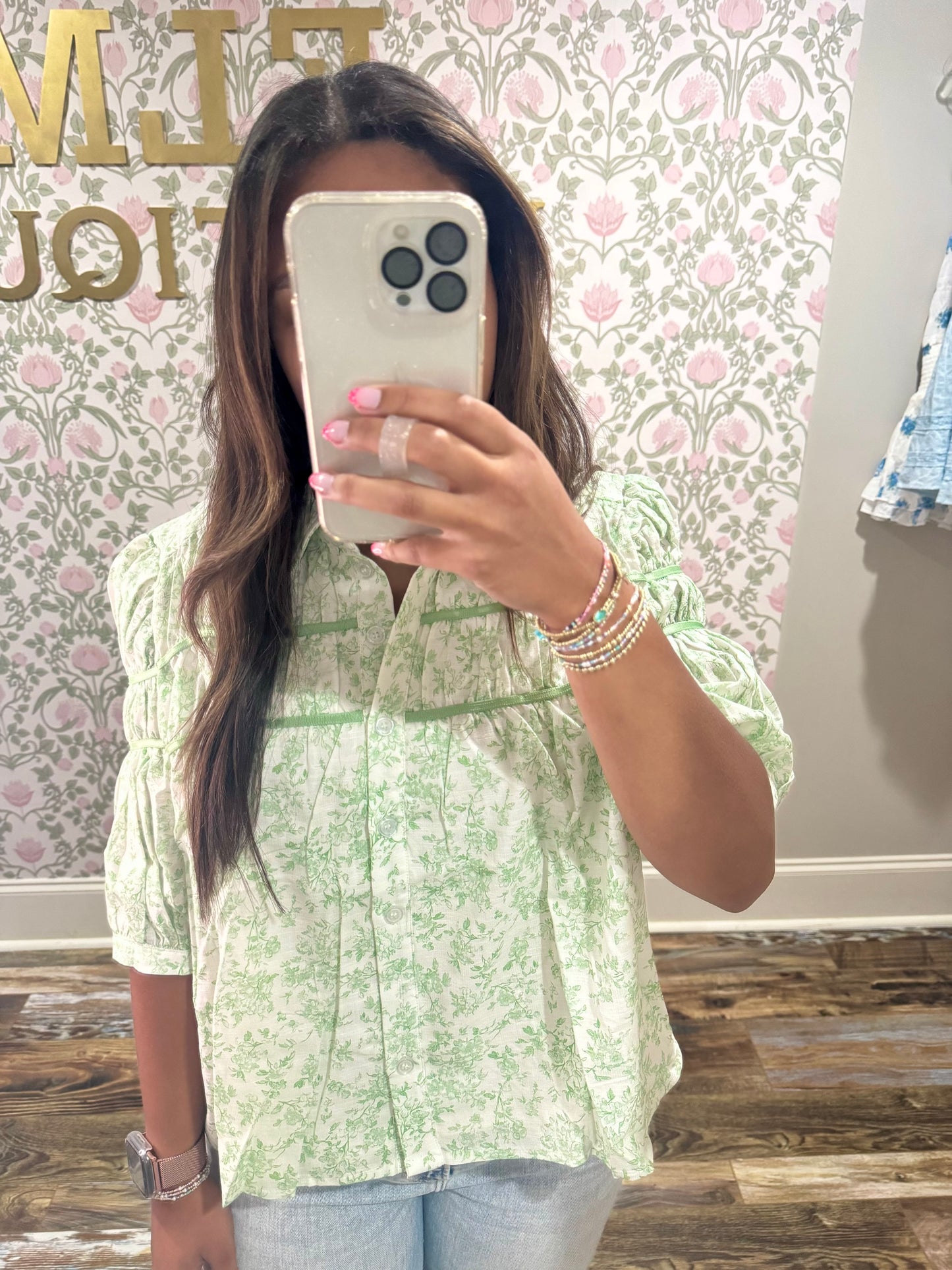 Green floral button down