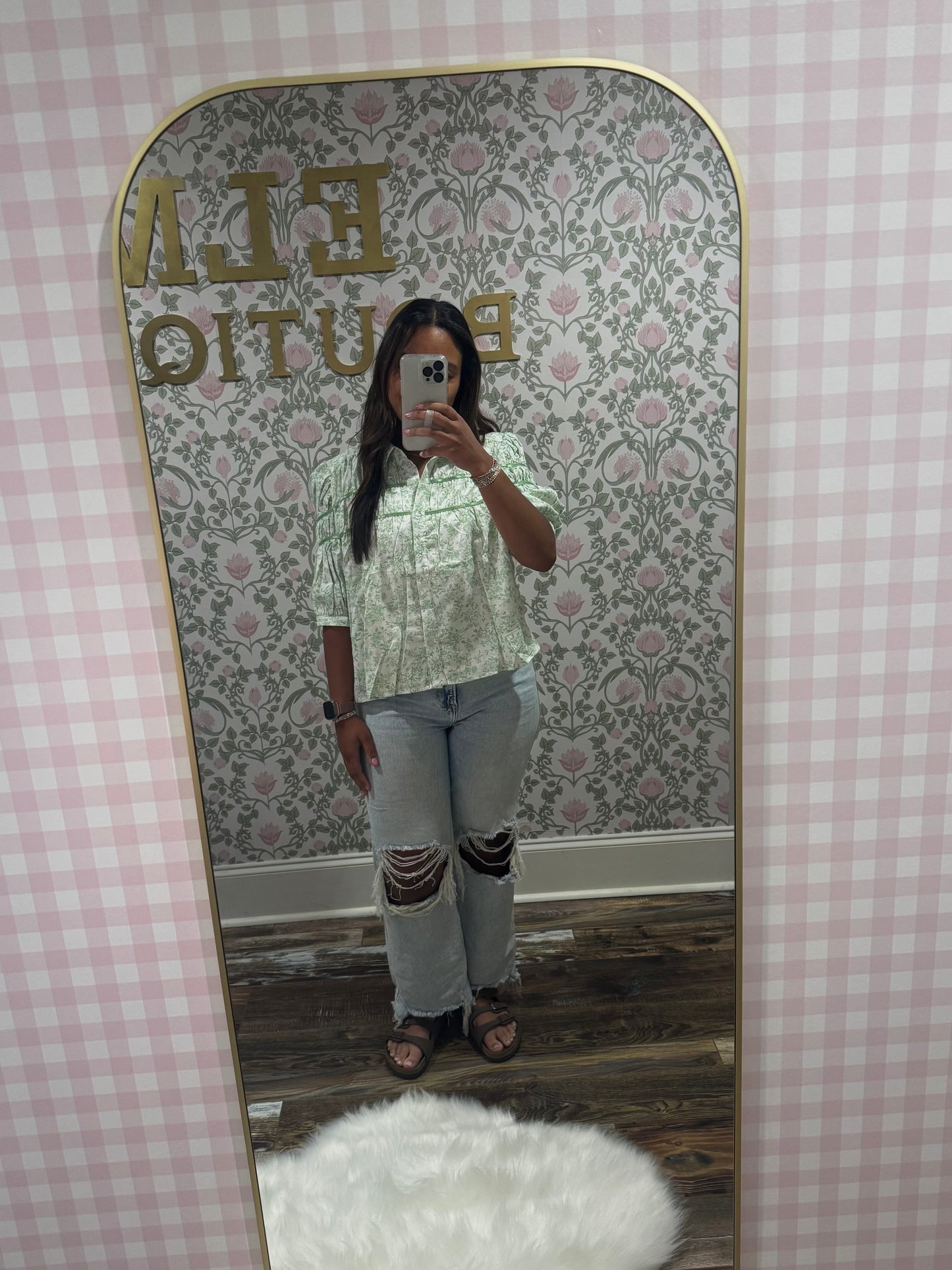 Green floral button down